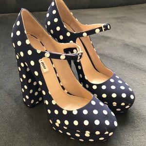 MIU MIU Polka Dot Platform Heels Pumps Navy Blue White Shoes Women’s 39.5
